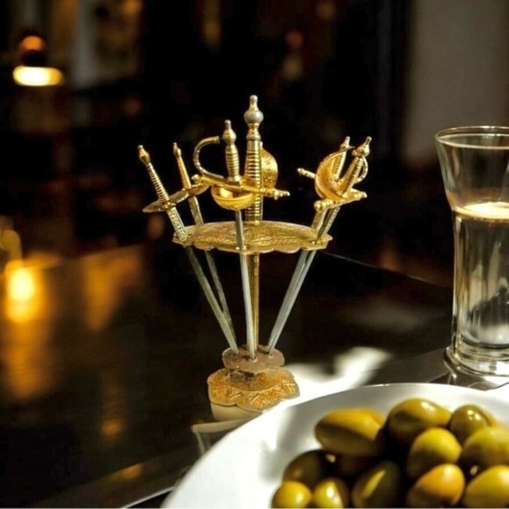 Vintage Spanish Toledo Cocktail Swords Picks Set 6 Gold Silver Metal Stand 4"